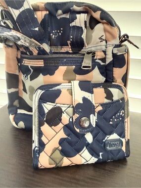 Lug “Can Can”Quilted Floral Crossbody Bag and Matching Wallet in Navy and Blush